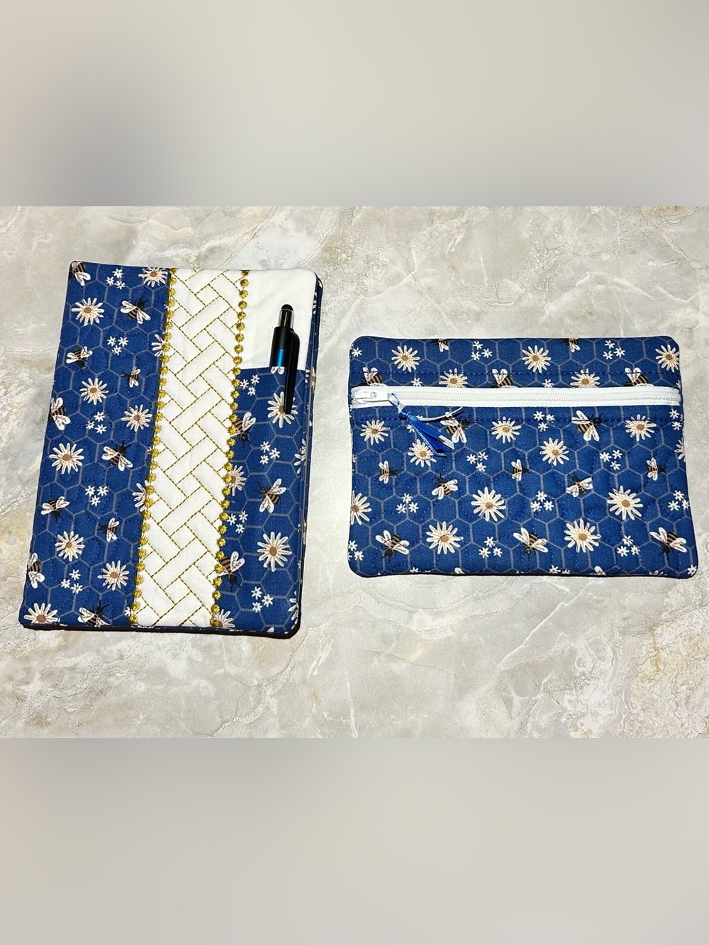 Blue Bee & Flowered Quilted Notebook Cover and Zipper Pouch Set